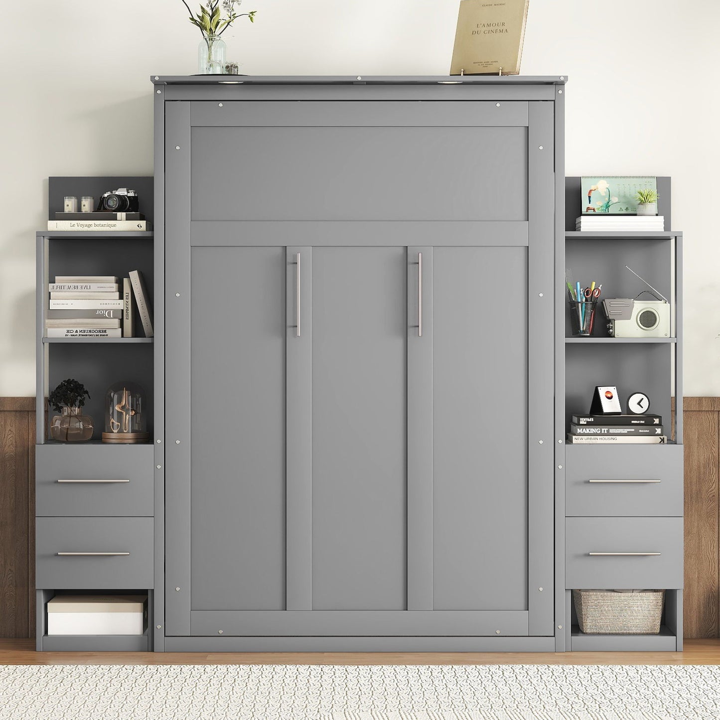 Full Size Murphy Wall Bed With Shelves, Drawers And LED Lights - Gray