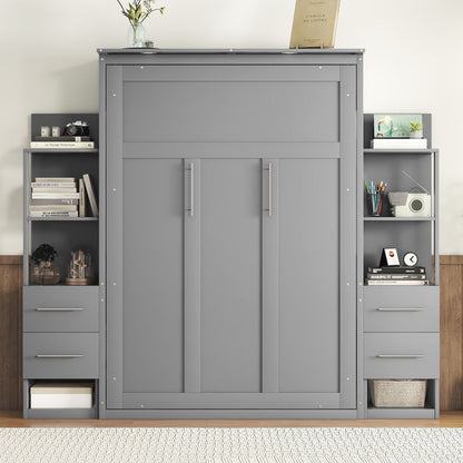 Full Size Murphy Wall Bed With Shelves, Drawers And LED Lights - Gray