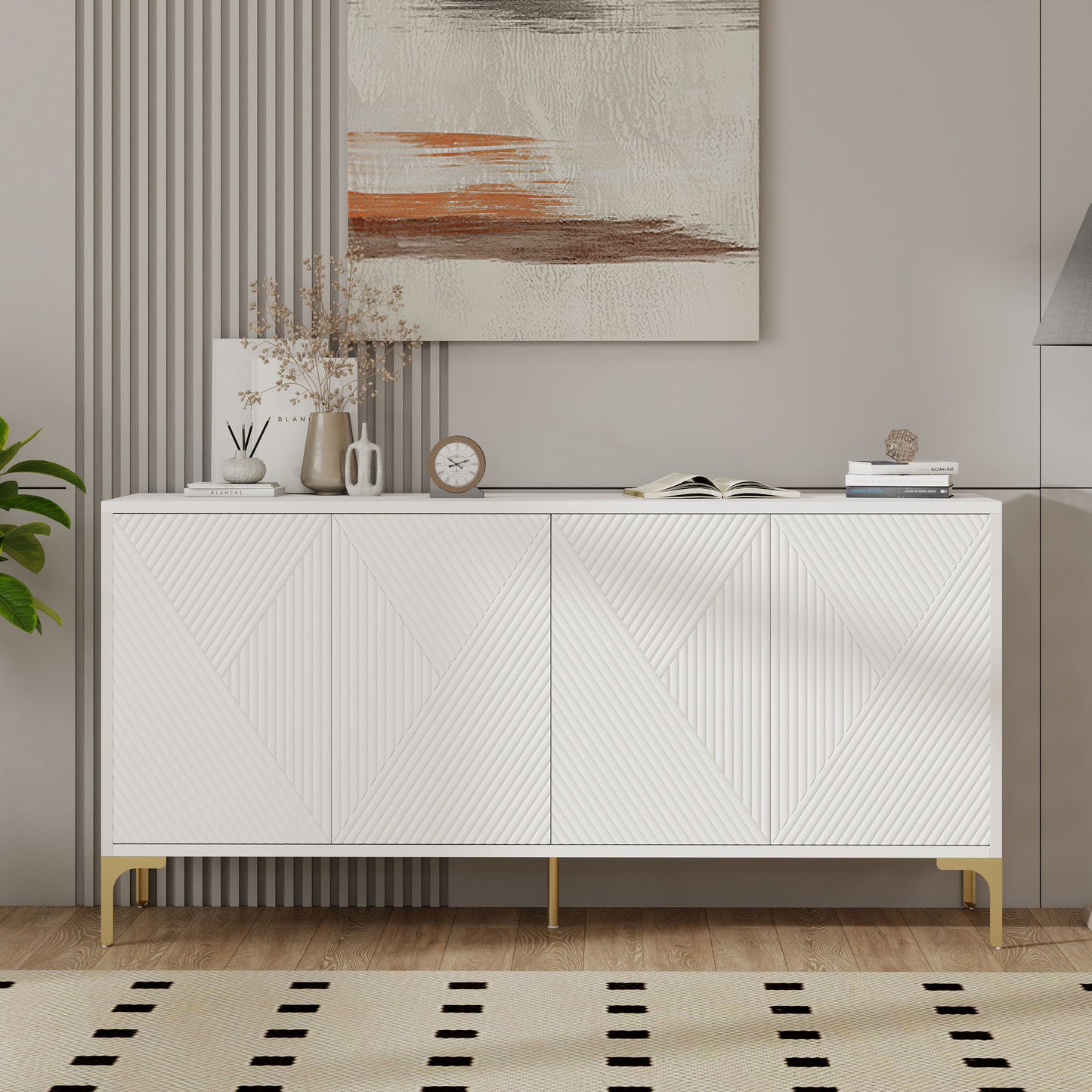 Modern Wood Sideboard Cabinet With Carved Door Panels, Adjustable Shelves, And Sturdy Metal Legs - White