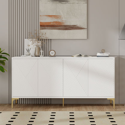 Modern Wood Sideboard Cabinet With Carved Door Panels, Adjustable Shelves, And Sturdy Metal Legs - White