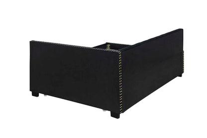 Upholstered Twin Size Daybed Bed Frame (Corner Bed) With Trundle, Velvet Fabric, Studding Design, No Box Spring Required - Black