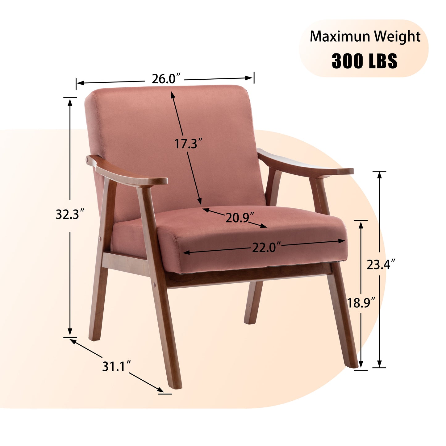 Mid Century Modern Wingback Accent Chair With Solid Wood Frame And Extra Thick Backrest - Lounge Chair For Living Room, Bedroom, Or Reading Room - Pink
