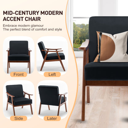 Mid Century Modern Wingback Accent Chair With Solid Wood Frame And Extra Thick Backrest - Lounge Chair For Living Room, Bedroom - Black