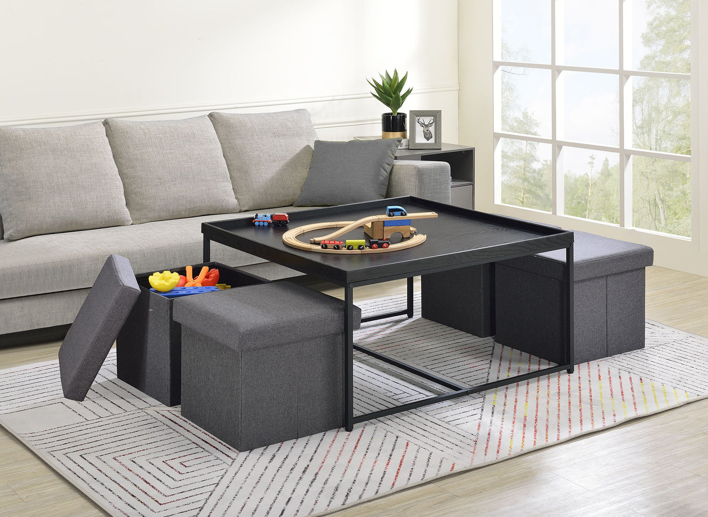 Vinny - Wood Grain 5 Piece Coffee Table Set With Raised Edges (Set of 5) - Black
