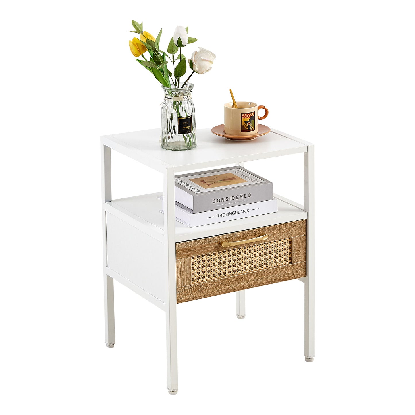 Rattan End Table With Drawer, Modern Nightstand, Metal Legs, Side Table For Living Room, Bedroom (Set of 2)- White