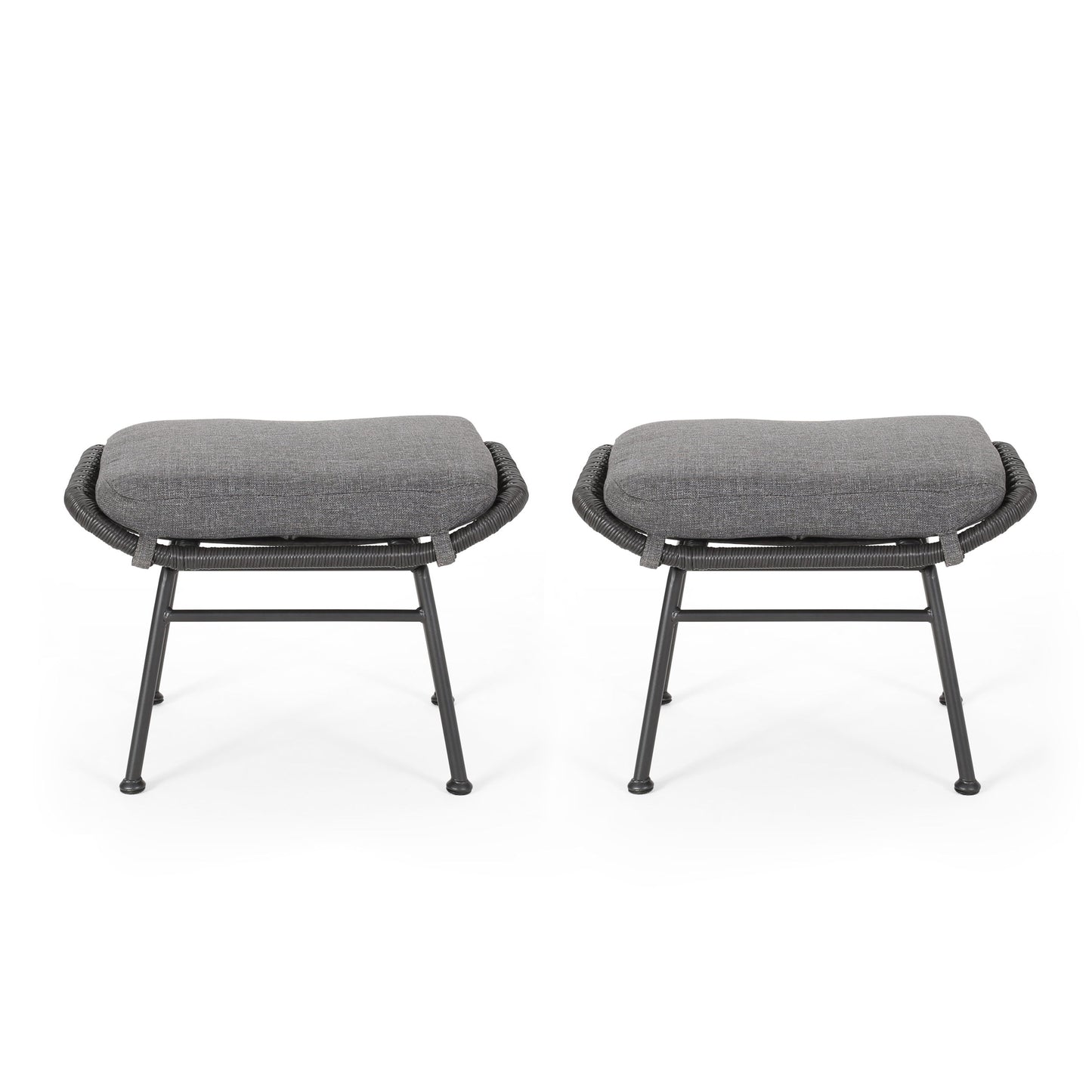 Outdoor Modern Boho Wicker Ottoman With Cushions (Set of 2) - Gray