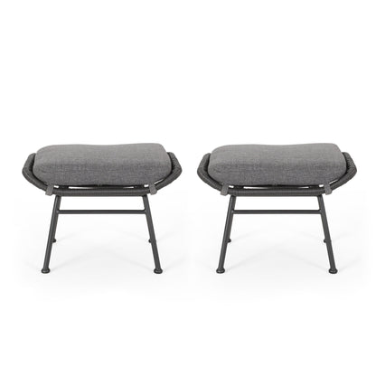 Outdoor Modern Boho Wicker Ottoman With Cushions (Set of 2) - Gray