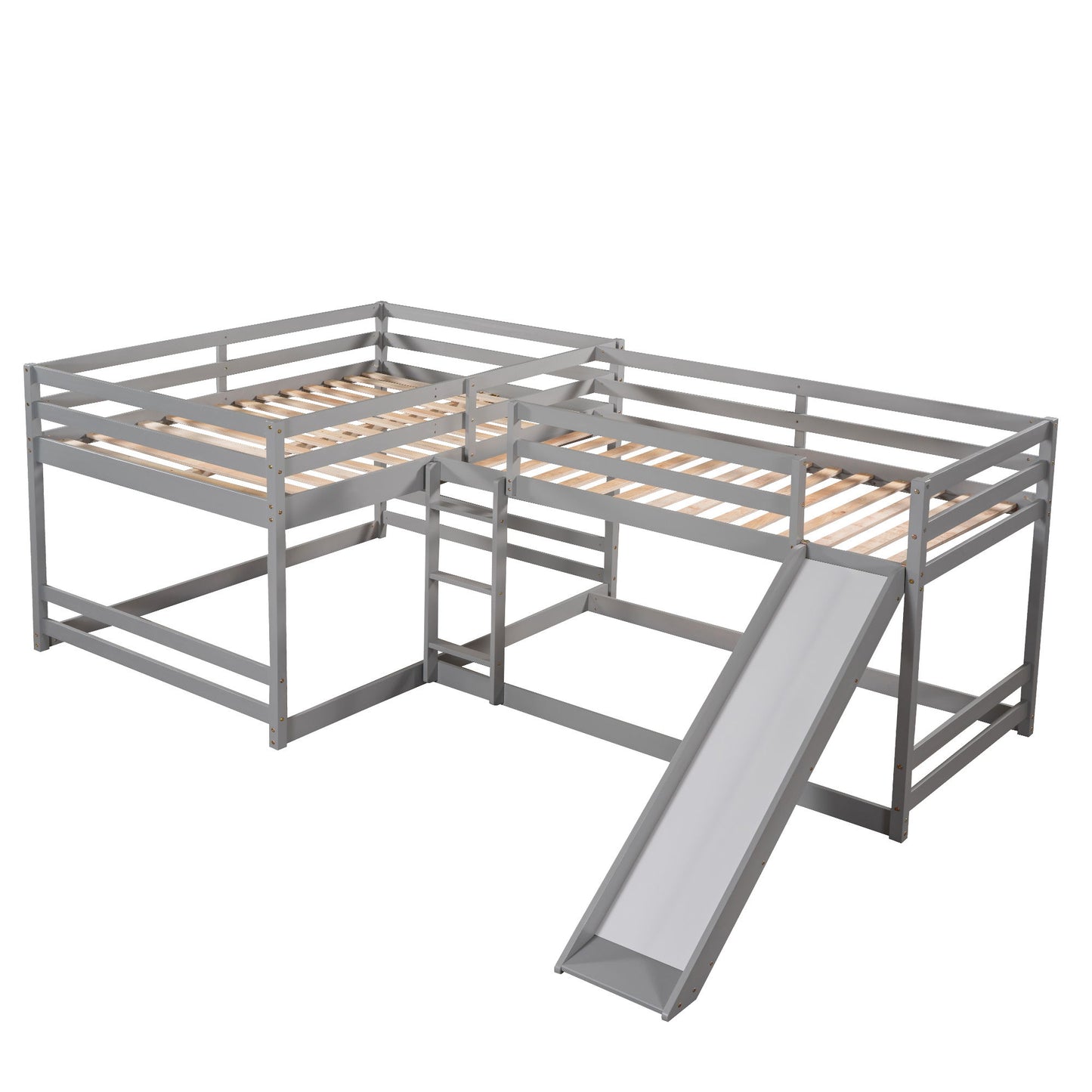 Full And Twin Size L-Shaped Bunk Bed With Slide And Short Ladder - Gray