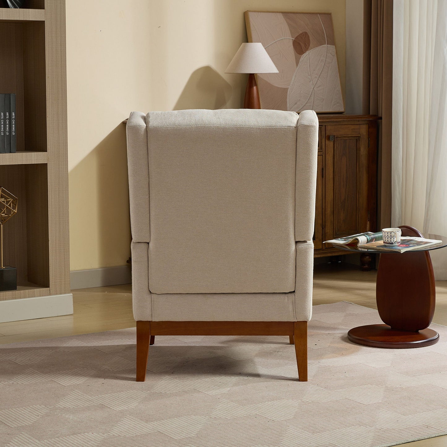 Wide Modern Accent Chair, Polyester Blend High Back Reading Chair, Upholstered Armchair Club Chair, Single Sofa With Wood Legs For Living Room, Reading Room, Office - Beige