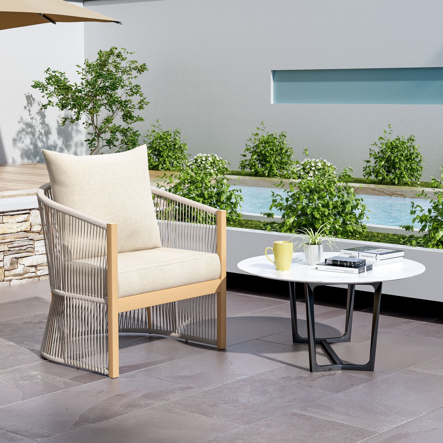 Modern Lounge Chair With Curved Aluminum Frame, Rope Weave Design, And Cushioned Comfort For Outdoor Living - Beige / Natural