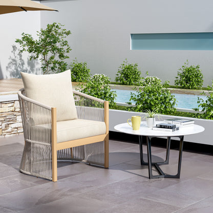 Modern Lounge Chair With Curved Aluminum Frame, Rope Weave Design, And Cushioned Comfort For Outdoor Living - Beige / Natural