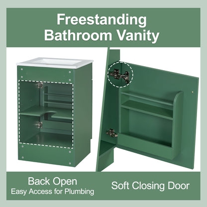 20" Bathroom Vanity With Sink, Freestanding Cabinet With Door Shelf And Adjustable Shelf, And Ceramic Construction - Green