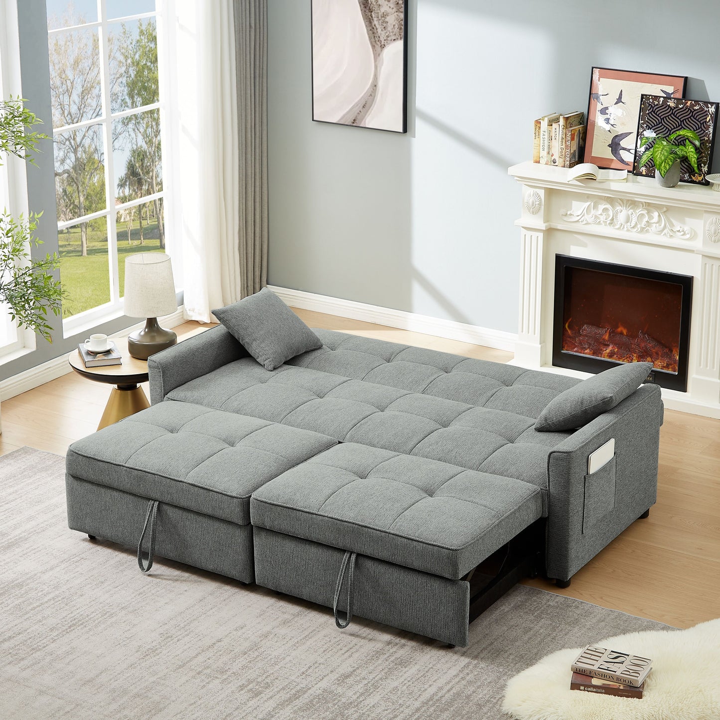 3 In 1 Convertible Sleeper Sofa Bed, Modern Fabric Loveseat Futon Sofa Couch Pullout Bed, Small Love Seat Lounge Sofa Reclining Backrest, Pillows, Pockets, Home Furniture For Living Room - Gray