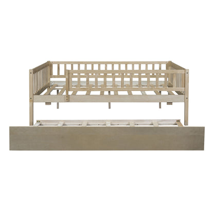 Full Size Daybed With Trundle And Fence Guardrails - Natural
