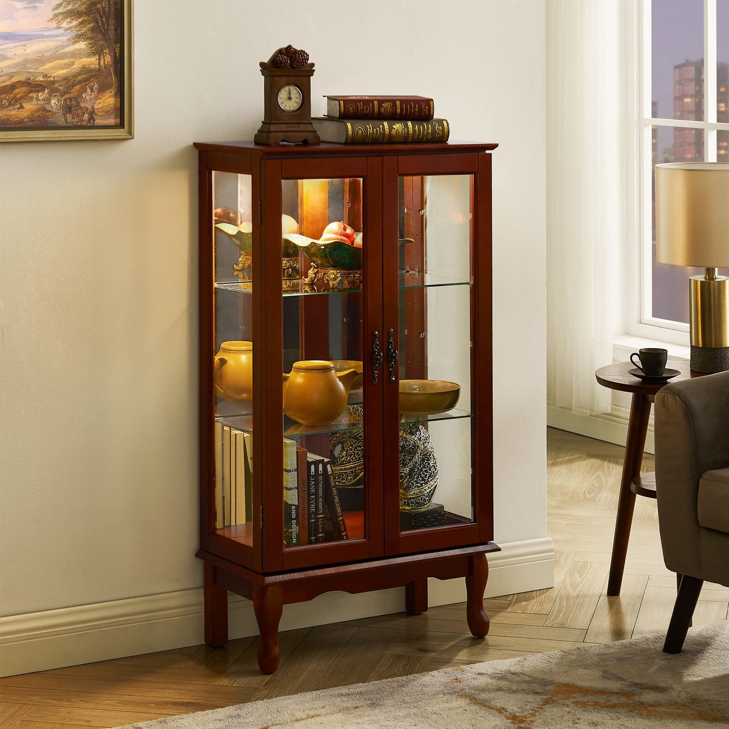 Curio Cabinet Lighted Curio Diapaly Cabinet With Adjustable Shelves And Mirrored Back Panel, Tempered Glass Doors 3 Tier, (E26 Light Bulb Not Included) - Cherry