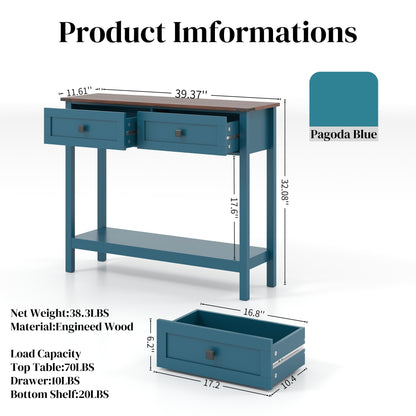 Farmhouse Style Console Table With 2 Drawers And Bottom Storage Shelf, Pagoda - Blue