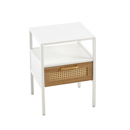 Rattan End Table With Drawer, Modern Nightstand, Metal Legs, Side Table For Living Room, Bedroom (Set of 2)- White