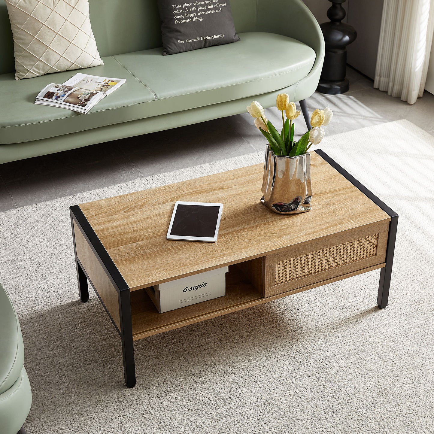 40.16" Rattan Coffee Table, Sliding Door For Storage, Metal Legs, Modern Table For Living Room - Natural