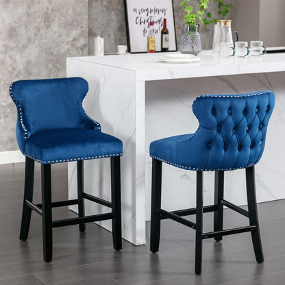 Contemporary Velvet Upholstered Wing-Back Barstools With Button Tufted Decoration And Wooden Legs, And Chrome Nailhead Trim, Leisure Style Bar Chairs, Bar Stools (Set of 4) - Blue