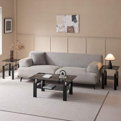 Tempered Black Glass Coffee Table, 2-Layers Tea Table - Black