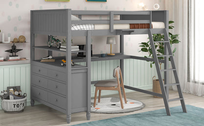 Full Size Loft Bed With Drawers And Desk With Shelves - Gray