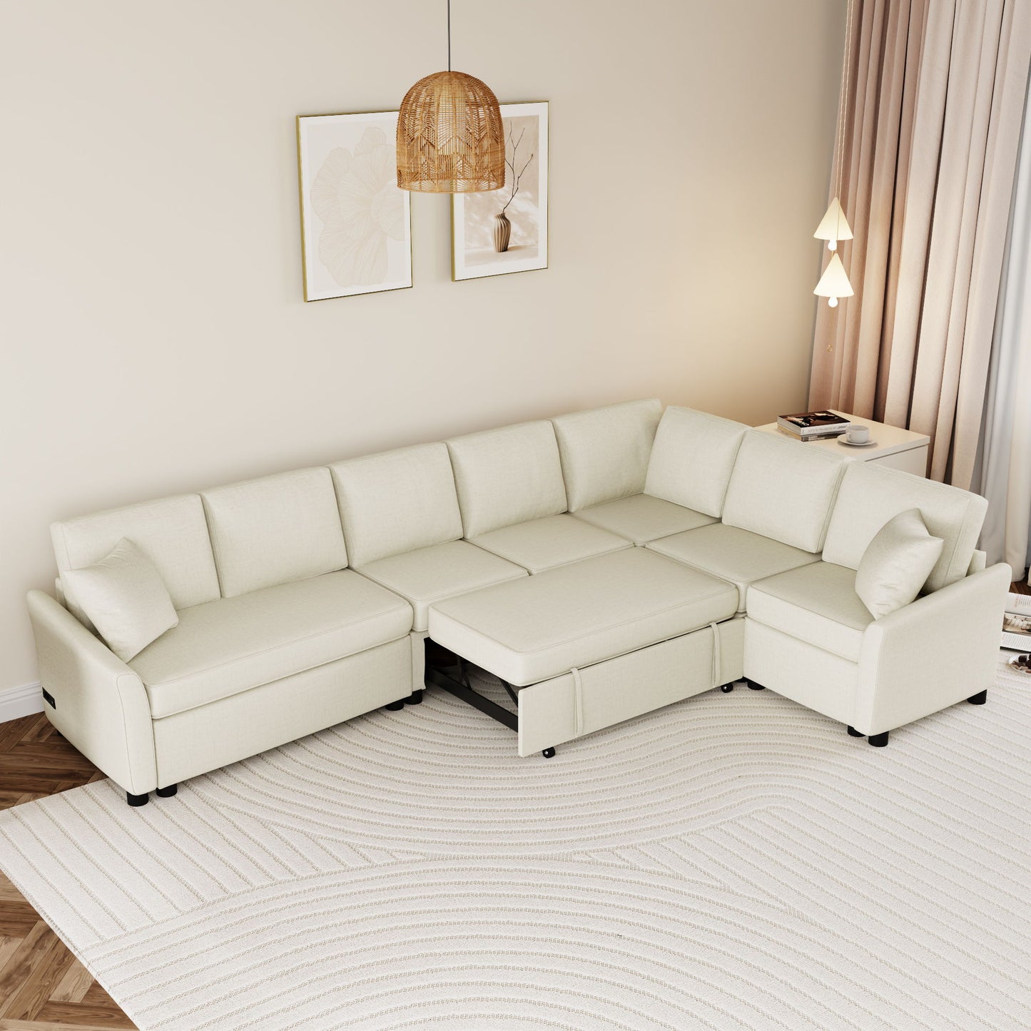 L-Shaped Sofa Convertible Sofa Bed Pull Out Sofa Sleeper With Two Back Pillows, Two USB Ports And Two Power Sockets For Living Room - Beige