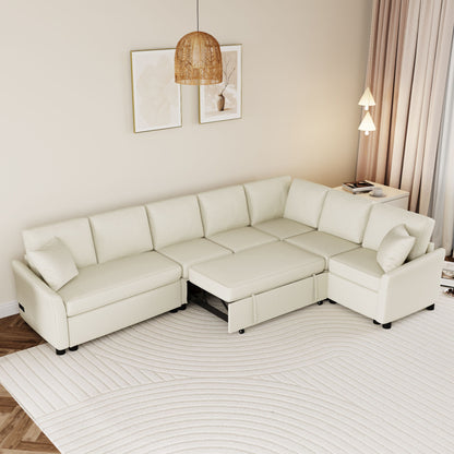 L-Shaped Sofa Convertible Sofa Bed Pull Out Sofa Sleeper With Two Back Pillows, Two USB Ports And Two Power Sockets For Living Room - Beige