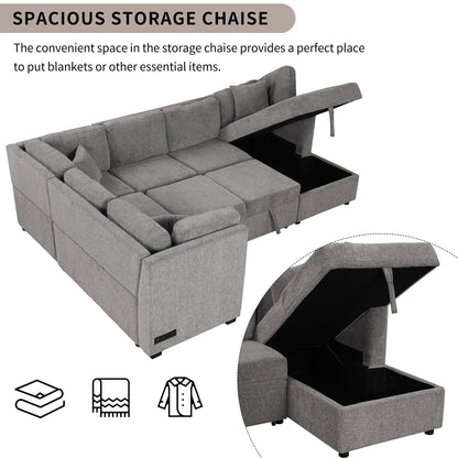 U-Shaped Sectional Sofa Pull Out Sofa Bed With Two USB Ports, Two Power Sockets, Three Back Pillows And A Storage Chaise For Living Room - Light Gray