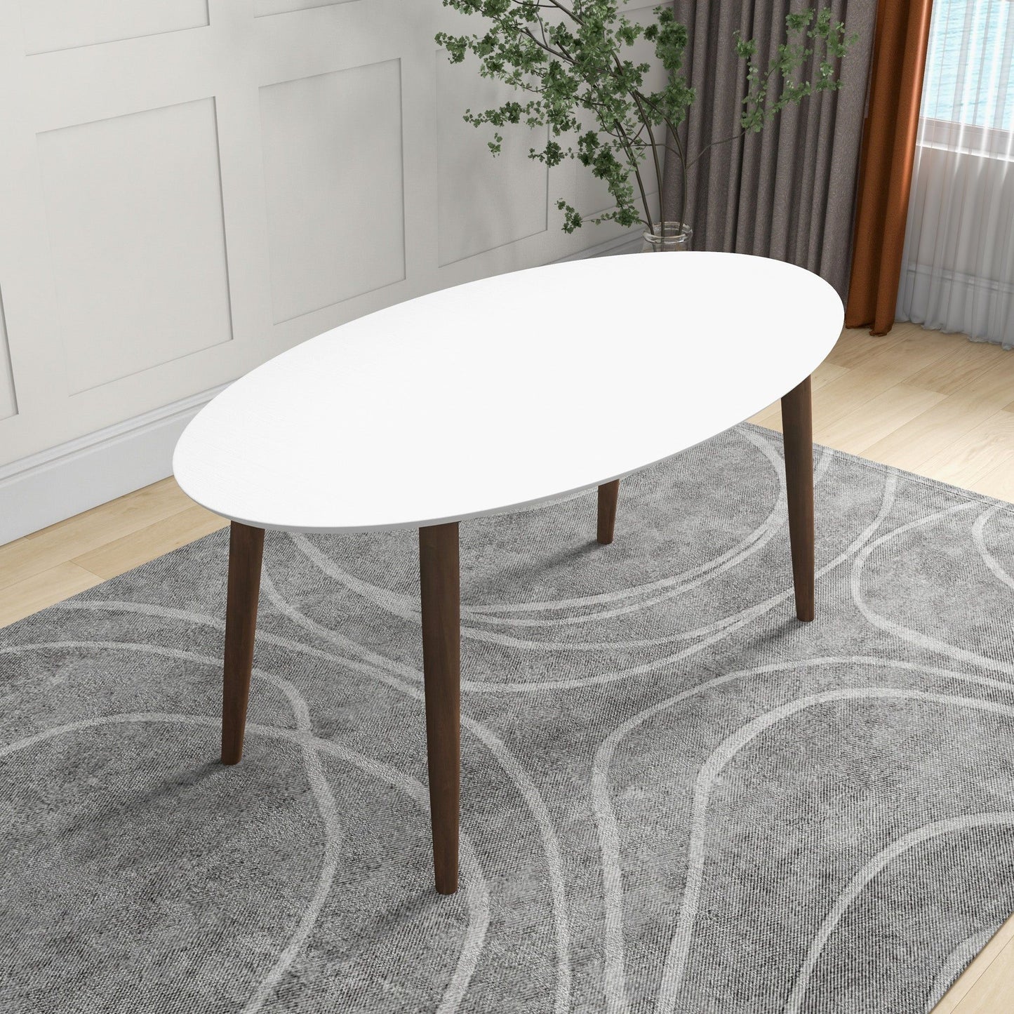 Ada - Mid-Century Modern Style Top Oval Dining Table - Brown / White