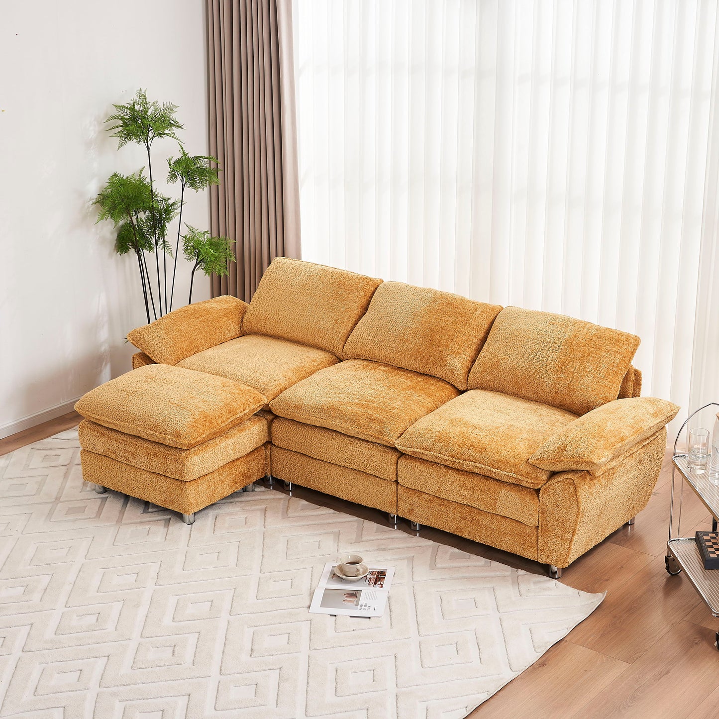 Modern Deep 3 Seat Sofa Couch With Ottoman, Polyester Sofa Sleeper Comfy Upholstered Furniture For Living Room - Yellow