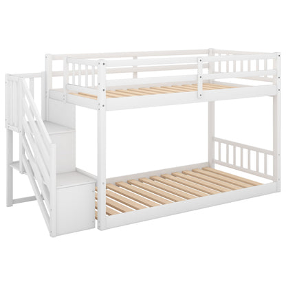 Twin Over Twin Floor Bunk Bed, Ladder With Storage - White