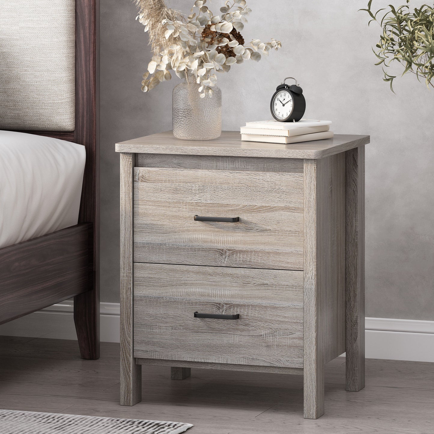 Wood Nightstand With 2 Drawers And Metal Handle - Oak