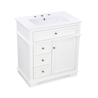 Freestanding 30" Bathroom Vanity With Sink, Soft Closing Door, Tip Out Drawer - White