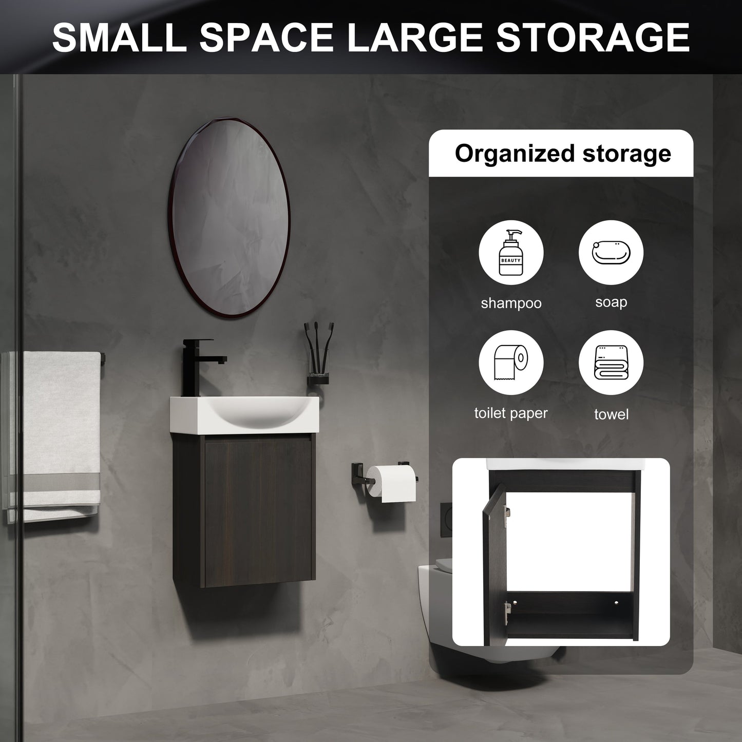 Modern 16" Bathroom Vanity Sink Combo With Ceramic Sink And Cabinet For Small Spaces - Black
