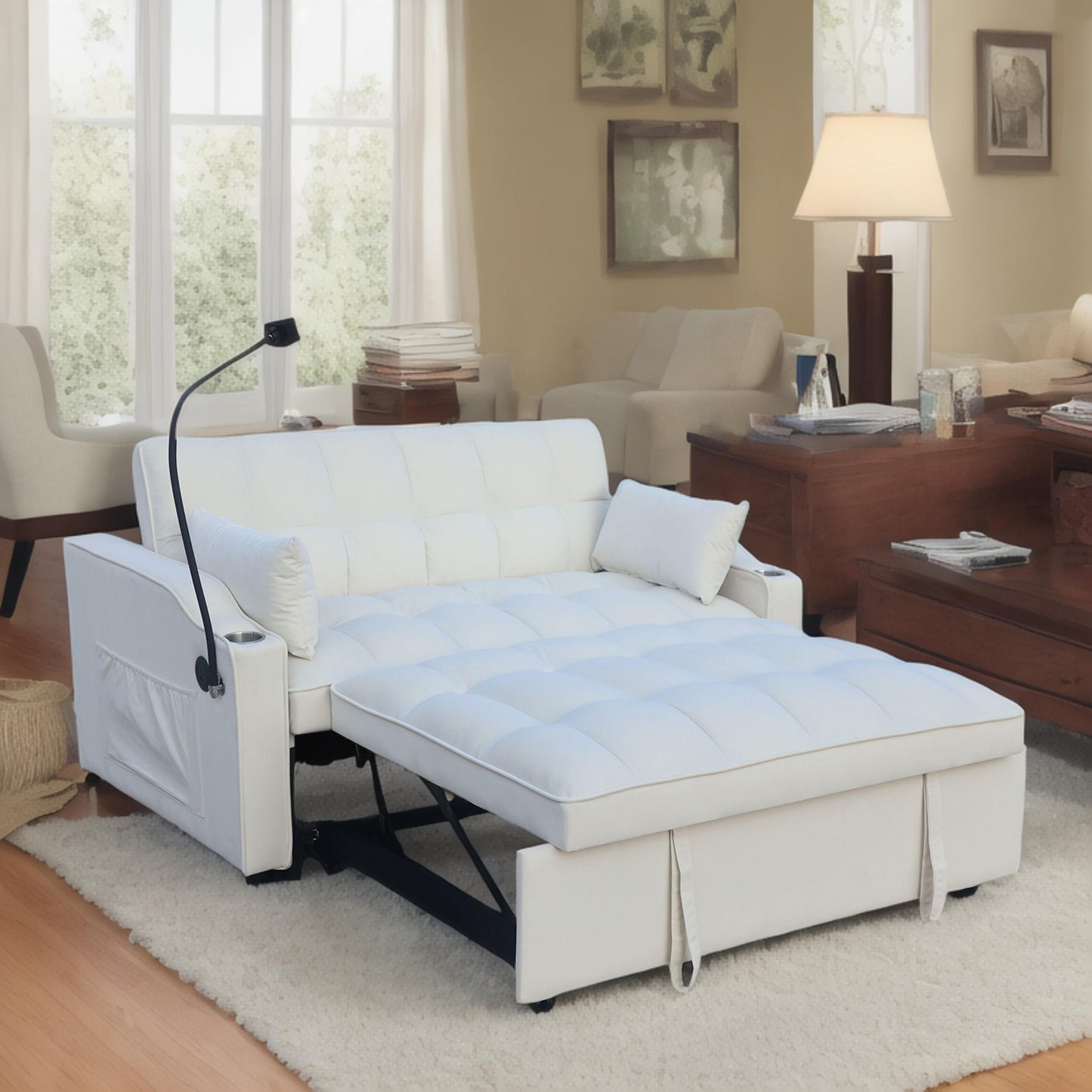 Modern Velvet Loveseat Futon Sofa Couch With Pullout Bed, Adjustable Reclining Backrest - Beige