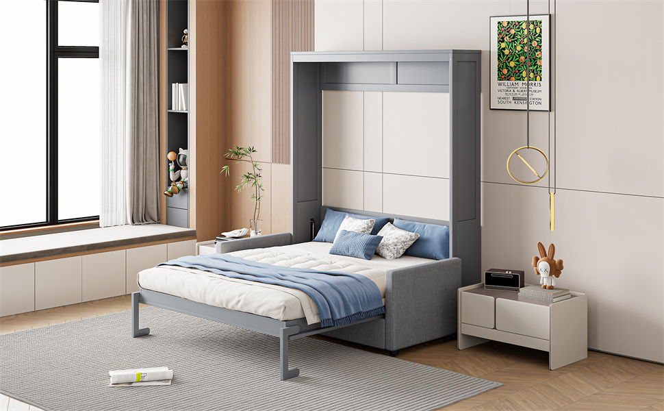 Full Size Murphy Wall Bed With Cushion - Gray
