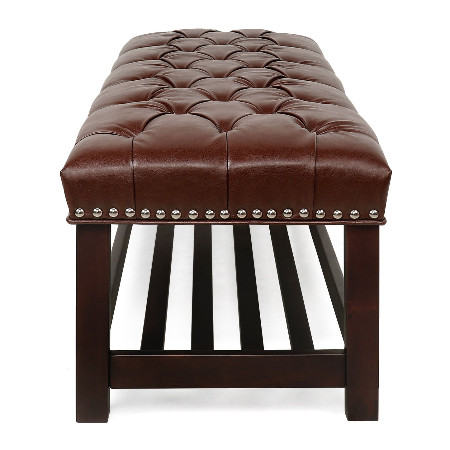 Bedroom End Of Bed Bench Tufted Upholstered End Of Bed Bench End Of Bed Entrance Shoe Bench, 60" With Nailhead Trim And Shelf Bedroom Upholstered Leather Bench Living Room Shoe Rack Footstool - Dark Brown