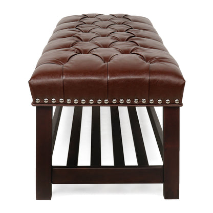 Bedroom End Of Bed Bench Tufted Upholstered End Of Bed Bench End Of Bed Entrance Shoe Bench, 60" With Nailhead Trim And Shelf Bedroom Upholstered Leather Bench Living Room Shoe Rack Footstool - Dark Brown