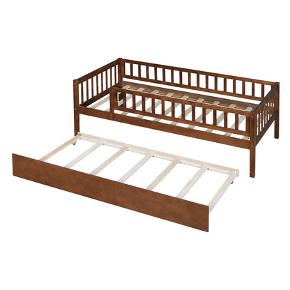 Twin Size Daybed With Trundle And Fence Guardrails - Walnut