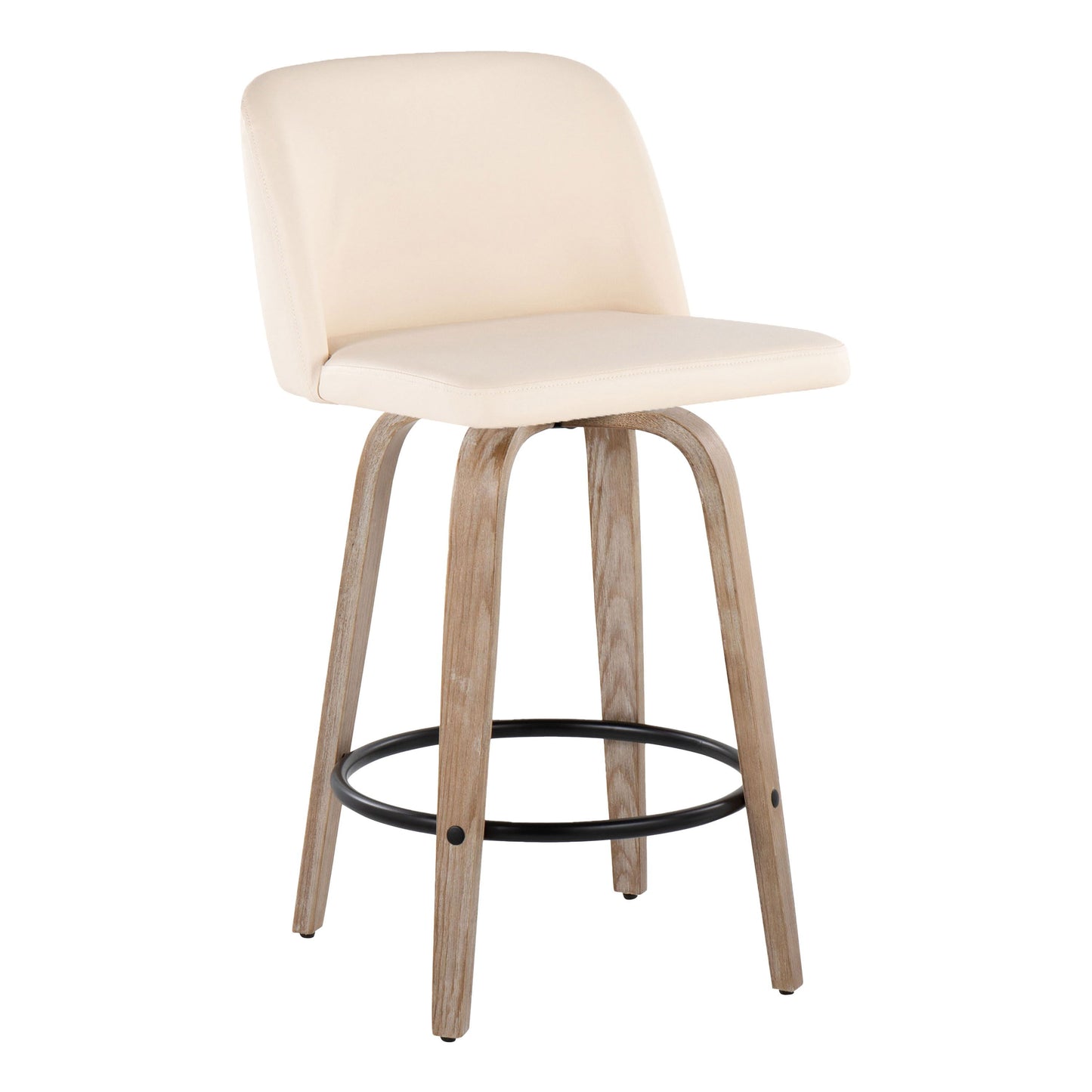 Toriano - Mid-Century Modern Fixed Height Counter Stool With Swivel With Round Footrest (Set of 2) - Whitewashed / Cream