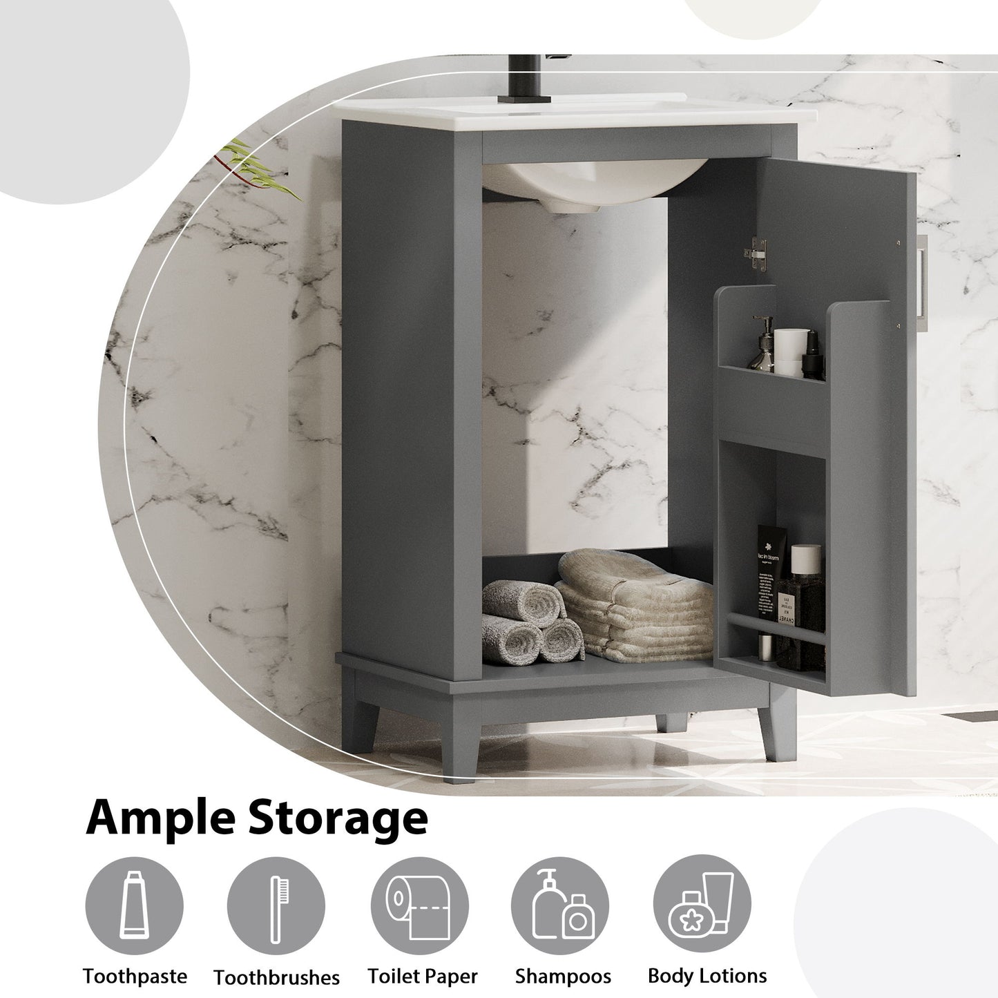 Modern Small Bathroom Vanity Cabinet With Ceramic Basin, Ample Storage, 1 Soft-Close Door - Gray