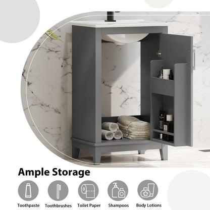 Modern Small Bathroom Vanity Cabinet With Ceramic Basin, Ample Storage, 1 Soft-Close Door - Gray