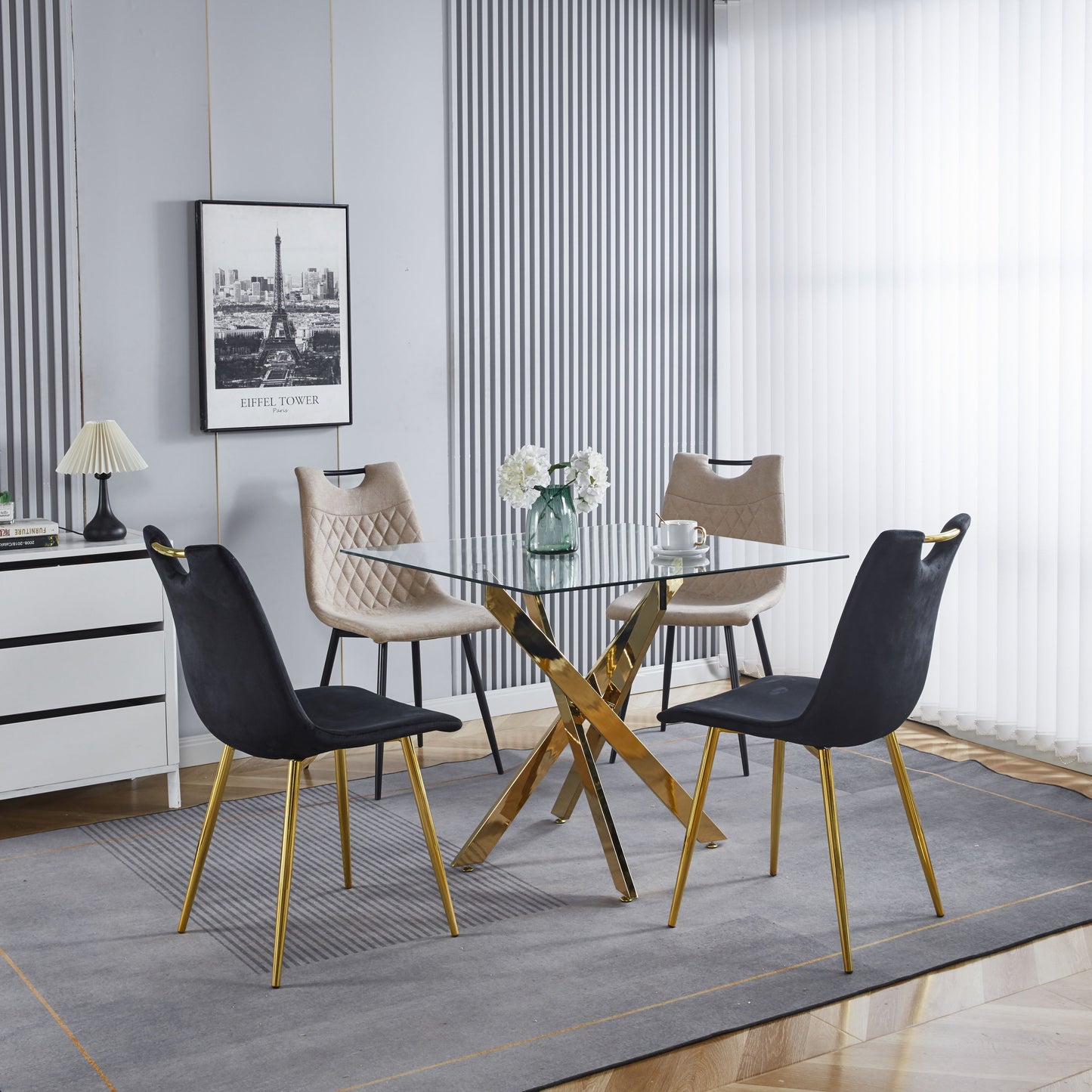 Dining Table With Cross Metal Leg And Tempered Glass, Modern Space Saving Kitchen Table For Living Room, Chrome Legs, Square Table - Golden