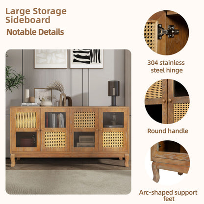 Retro 4 Door Sideboard With Large Storage Space, Artificial Rattan Doors - Transparent Glass - Antique Brown