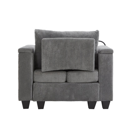 Convertible Chaise Lounge Sofa Chair Corduroy Sleeper With USB Ports, Cup Holders, Storage - Gray