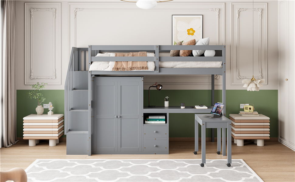 Twin Size Loft Bed With Stairs, Bookshelf, Drawers, Desk & Wardrobe, Space Saving Multifunctional Furniture - Gray