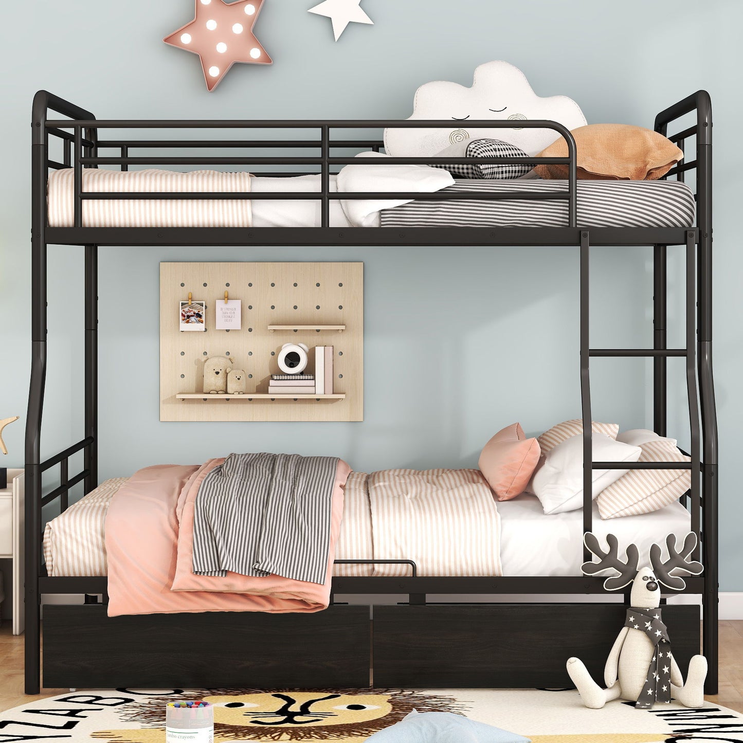 Full Long Over Queen Bunk Bed With 2 Drawers - Black