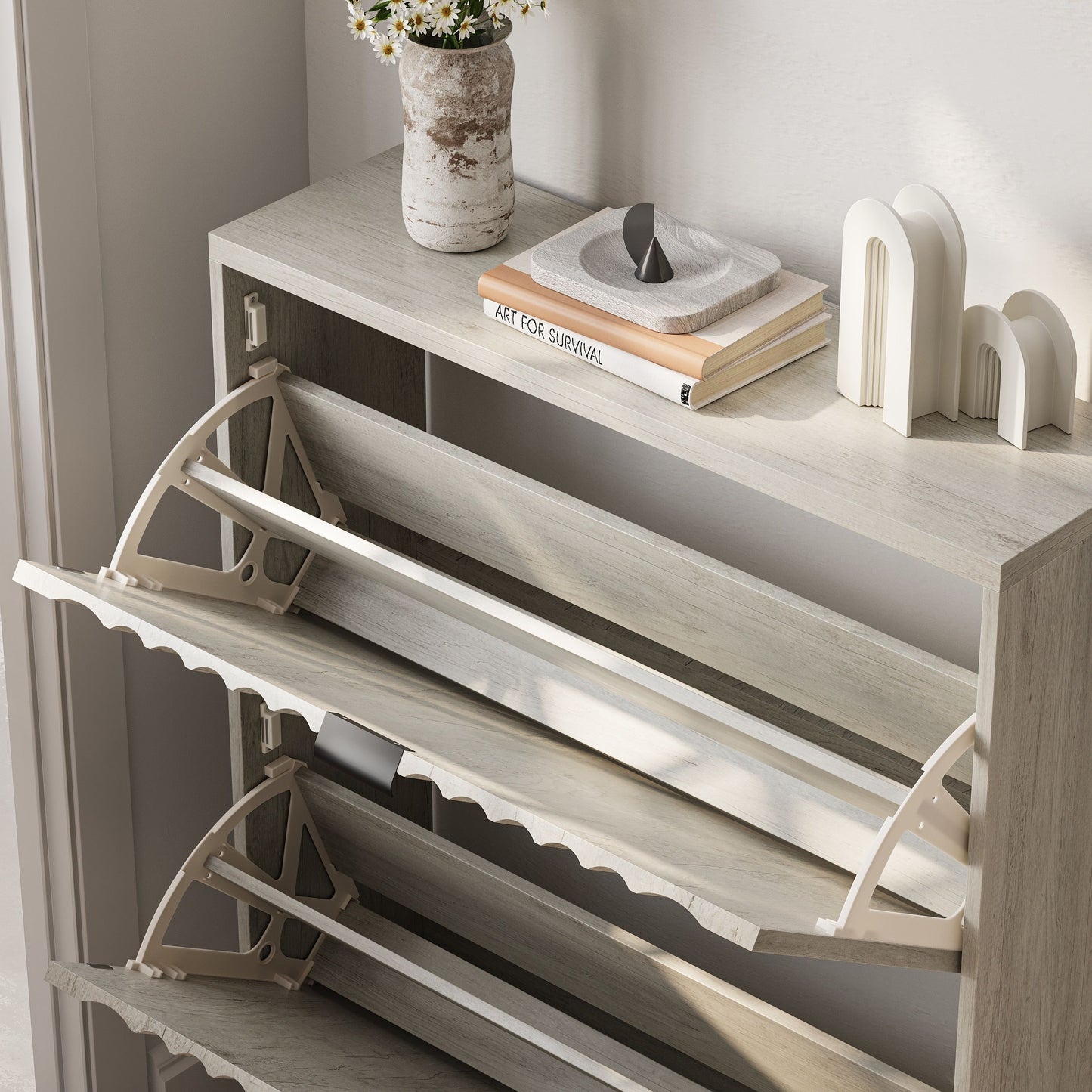 Shoe Cabinet With 2 Flip Drawers, Fluted Shoe Storage Cabinet For Entryway, Free Standing Shoe Storage Organizer With Wave Doors For Heels, Boots, Slippers In Hallway, Living Room - Gray