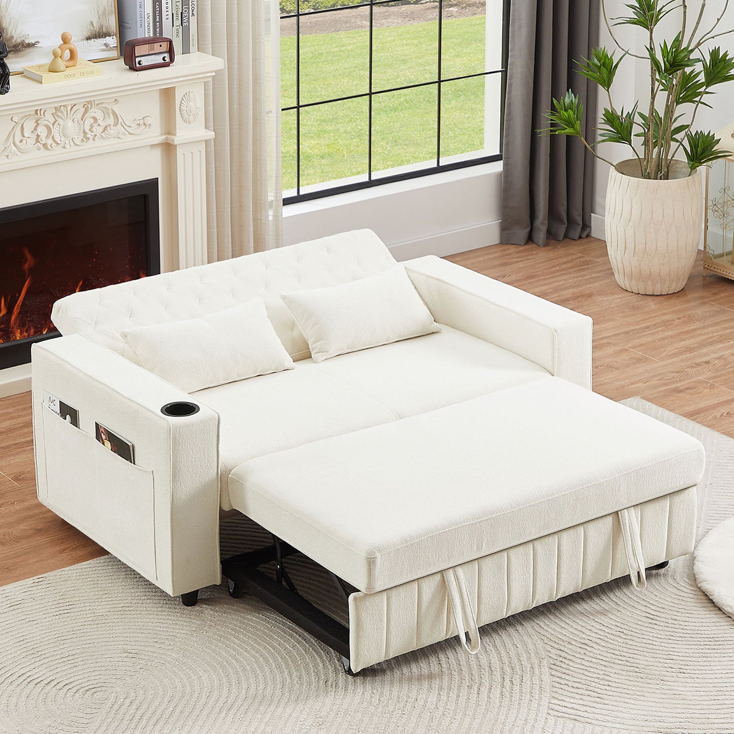 Pull Out Sofa Bed Convertible Couch Loveseat Sofa Modern Sleeper Sofa With Adjustable Backrest For Living Room - Beige