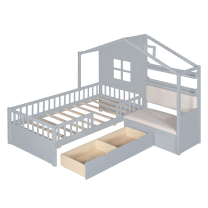 Twin Size House Bed With Sofa, Kids Platform Bed With 2 Drawers And Storage Shelf - Gray